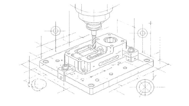 Isometric line drawing of a CNC milling cell