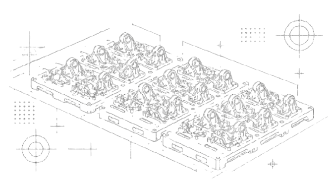 Production array of identical brackets fixtured for batch machining