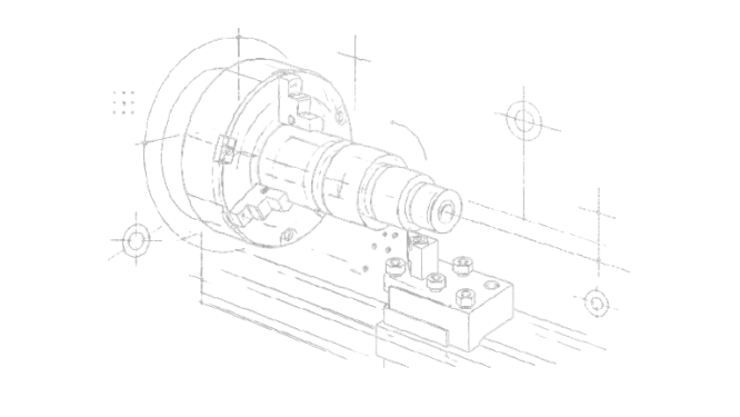 Isometric line drawing of a CNC lathe turning a shaft