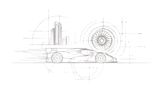 Commercial and high-performance components diagram — race vehicle, jet turbine, structural buildings