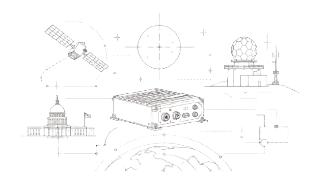 Defense-adjacent component diagram — satellite, capitol, server enclosure, radar dome, ground equipment