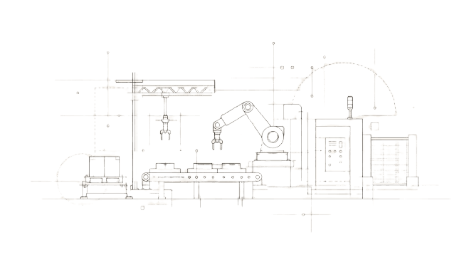 Industrial OEM components diagram — robotic arm, machining center, conveyor system, automated press